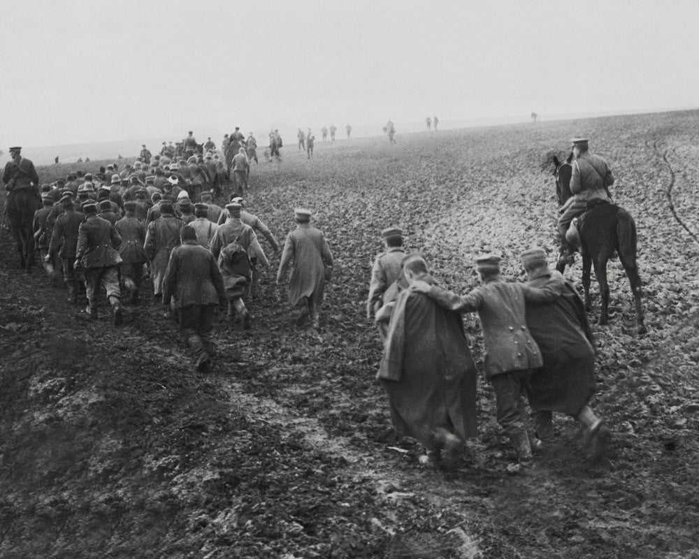 WWI German Prisoners Marching Soldiers Muddy Battlefield Vtg. Photo