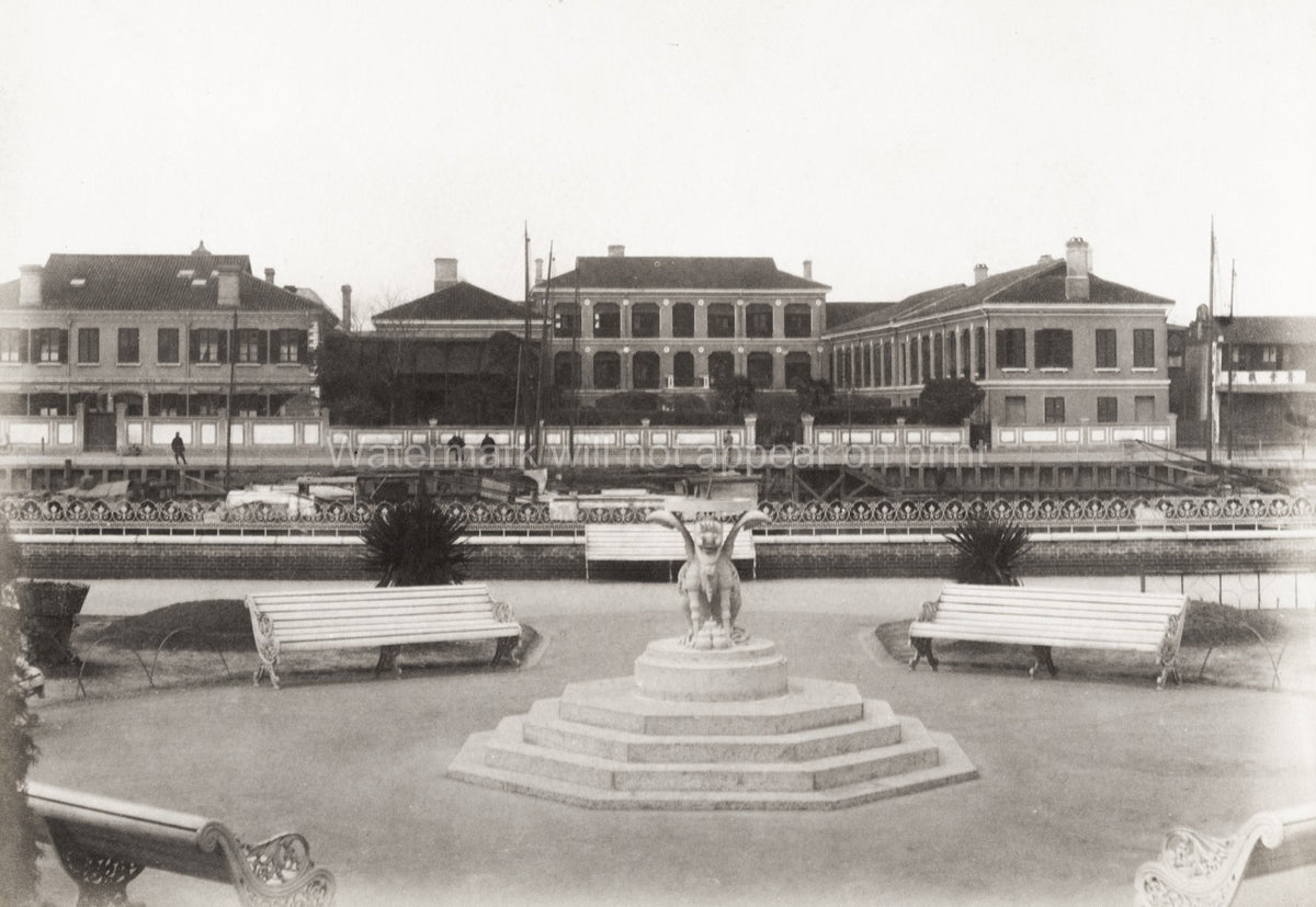 Shanghai Public Park Bund Waterfront Buildings Statue Vtg. Photo 19thC.