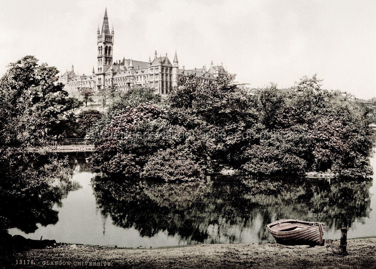 Glasgow University Scotland Park Lake View Gothic Tower Boat Vtg. Photo 19thC.