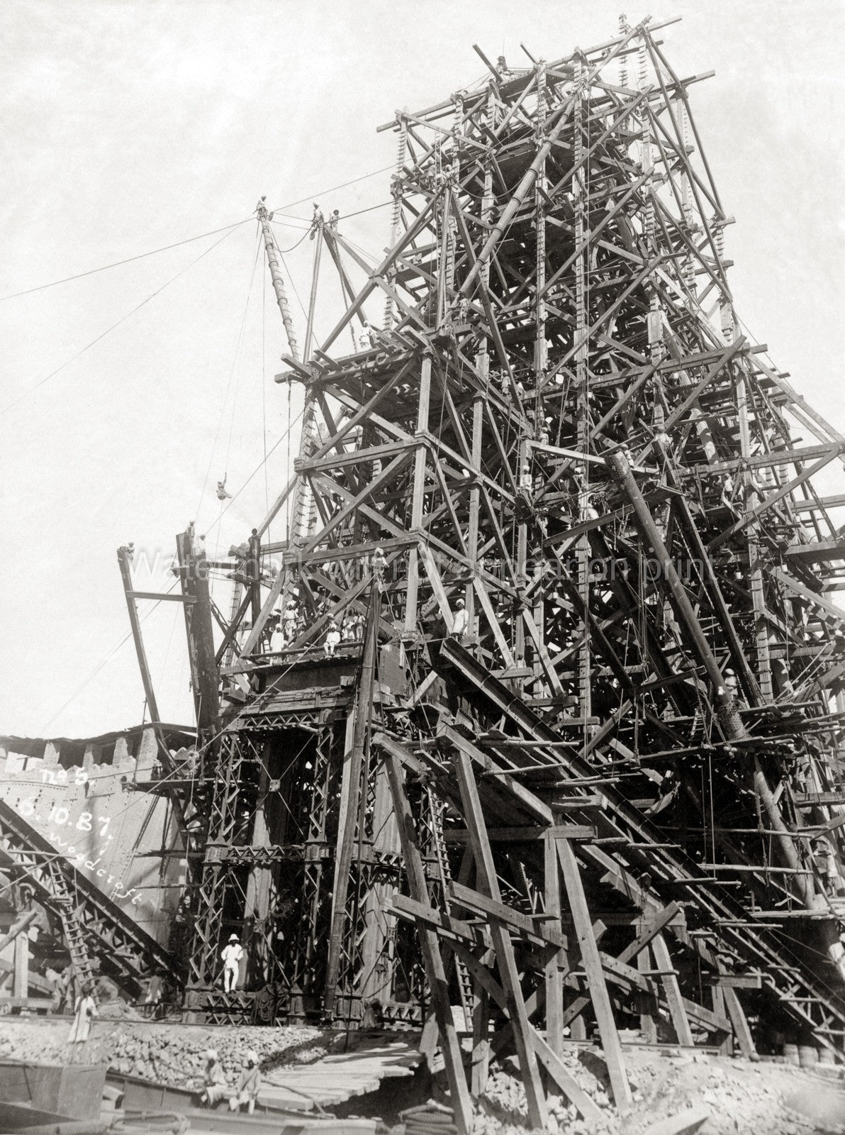 India Railway Bridge Construction Workers Scaffolding Vtg. Photo 19thC.