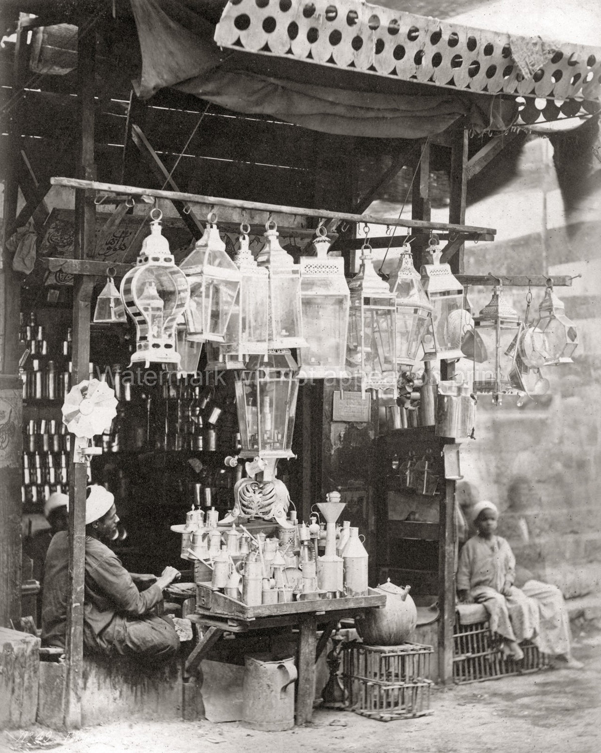 Cairo Egypt Souvenir Stall Lanterns Market Merchant Shop Vtg. Photo 19thC.