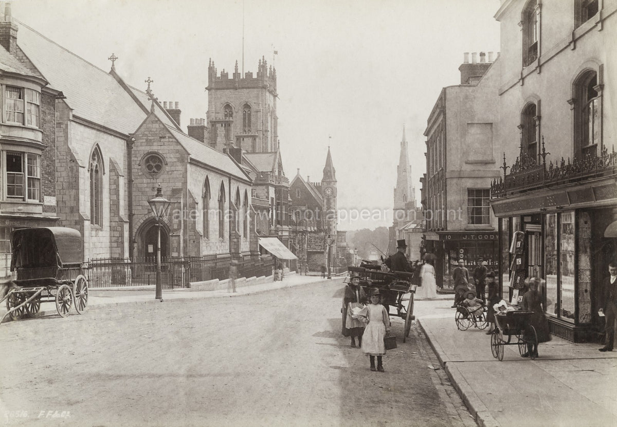Dorchester High West Street Dorset Church Carriages Town Vtg. Photo 19thC.
