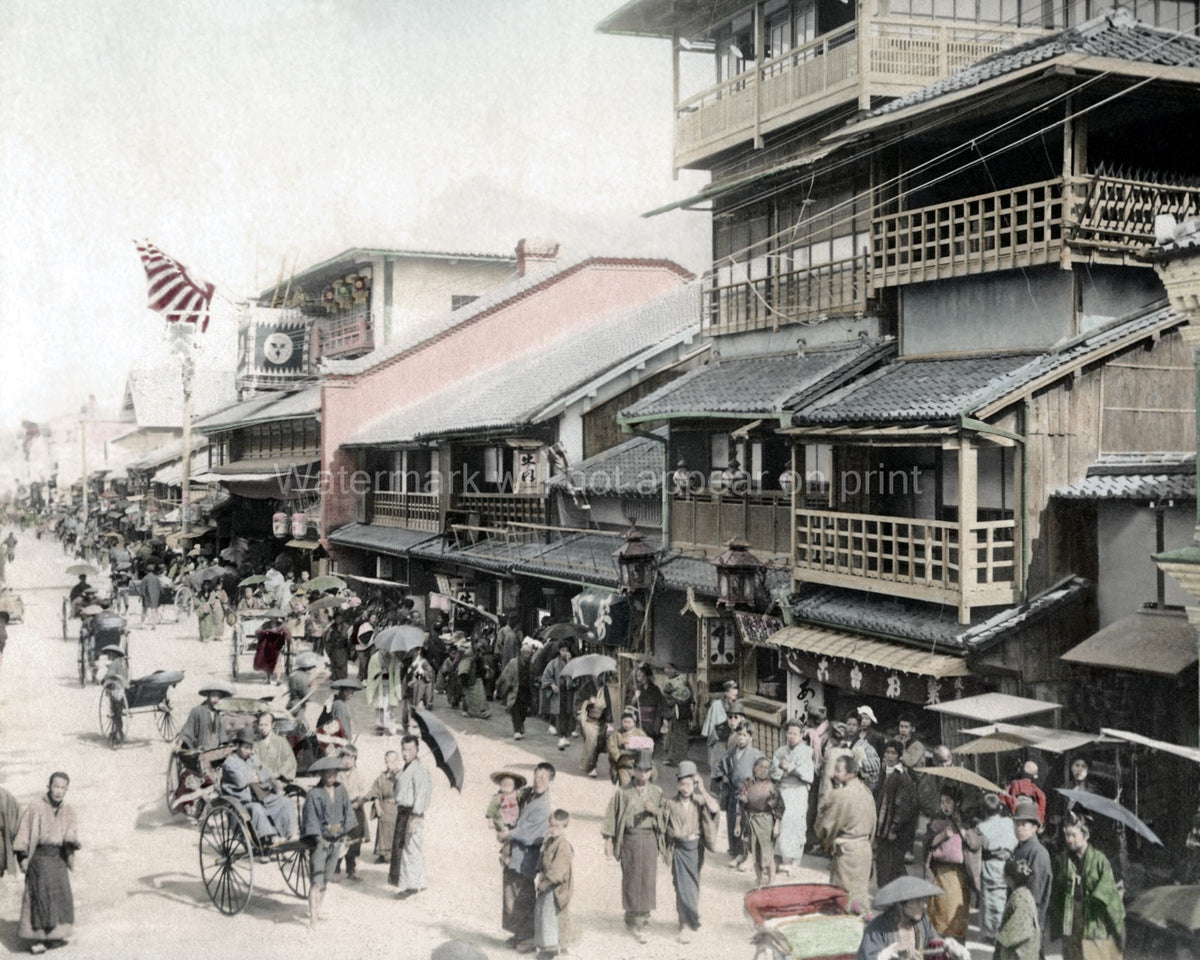 Osaka Japan Street Scene Pedestrians Rickshaws Crowds Vtg. Photo 19thC.