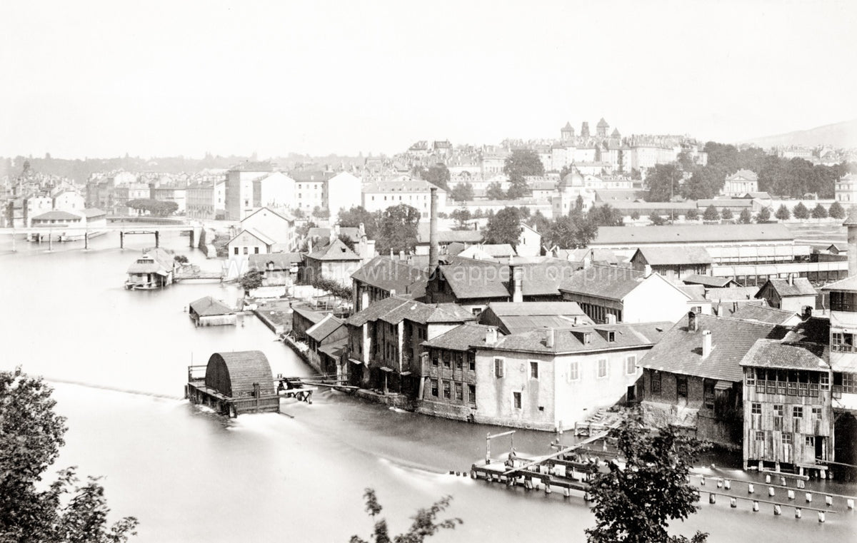 Geneva Switzerland Panoramic Cityscape River Rhne Water Vtg. Photo 19thC.