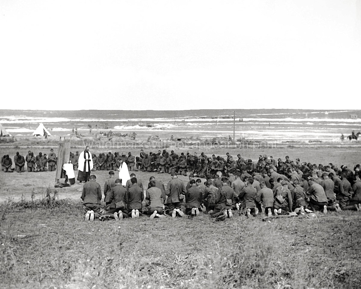 WW1 WWI Church Parade Battlefield Soldiers Kneeling Priest Mass Vtg. Photo