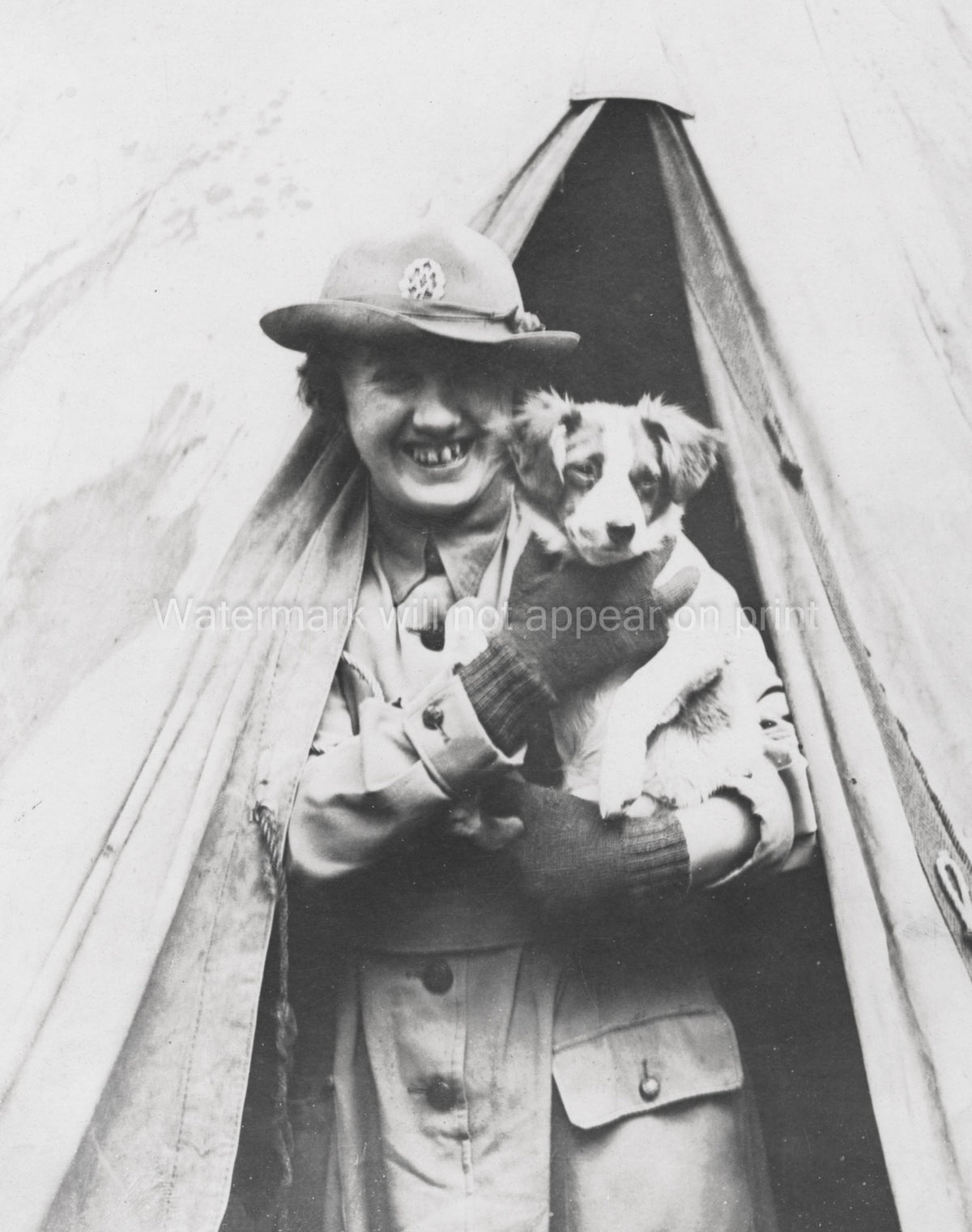 WW1 Queen Mary's Army Auxiliary Corp Woman Soldier Tent Dog Vtg. Photo