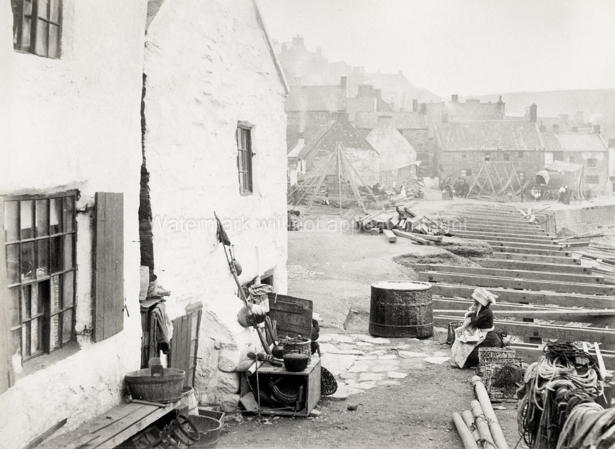 Staithes Yorkshire Seafront Building Work Fishing Village Vtg. Photo 19thC.
