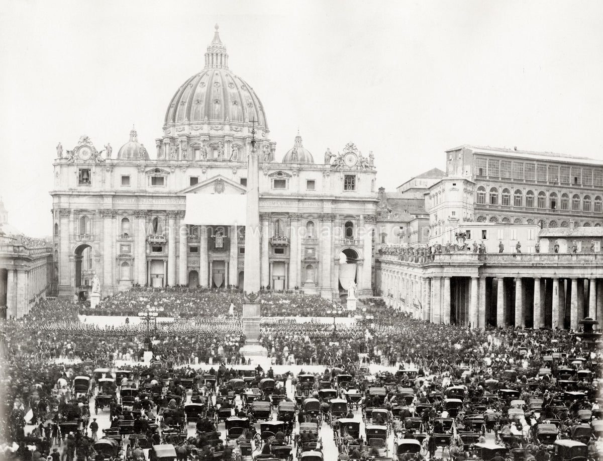 St. Peter's Square Vatican Pope Blessing Crowd Basilica Vtg. Photo 19thC.
