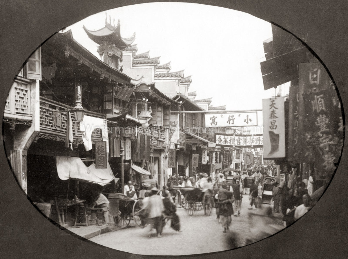 Shanghai China Busy Street Scene Shops Rickshaws Architecture Vtg. Photo 19thC.