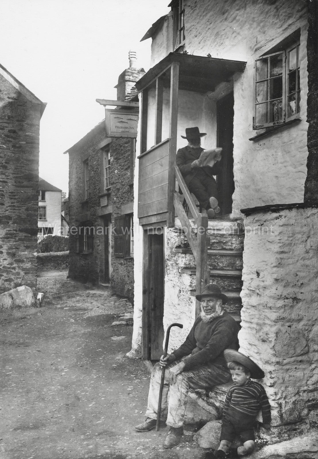 Polperro Cornwall Village Scene Men Boy Steps Fisherman Vtg. Photo 19thC.
