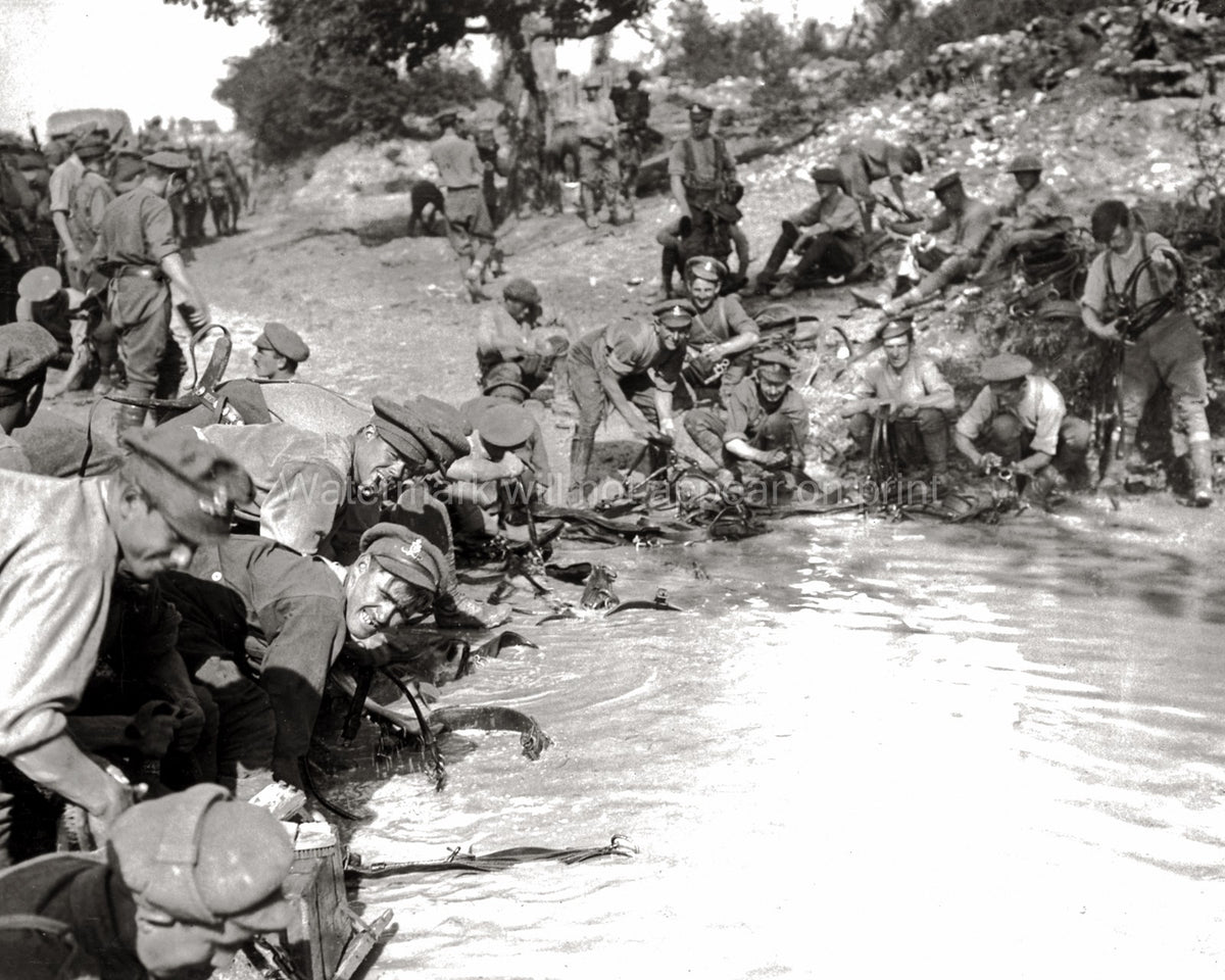 WW1 Troops Cleaning Harness Pond Soldiers Military Uniforms Vtg. Photo