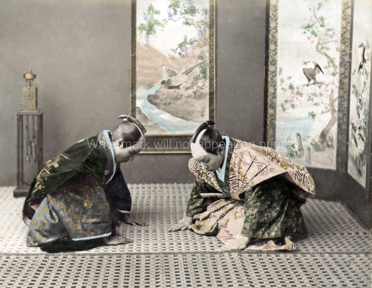 Japanese Men Greeting Samurai Bowing Kimono Tatami Mat Vtg. Photo 19thC.
