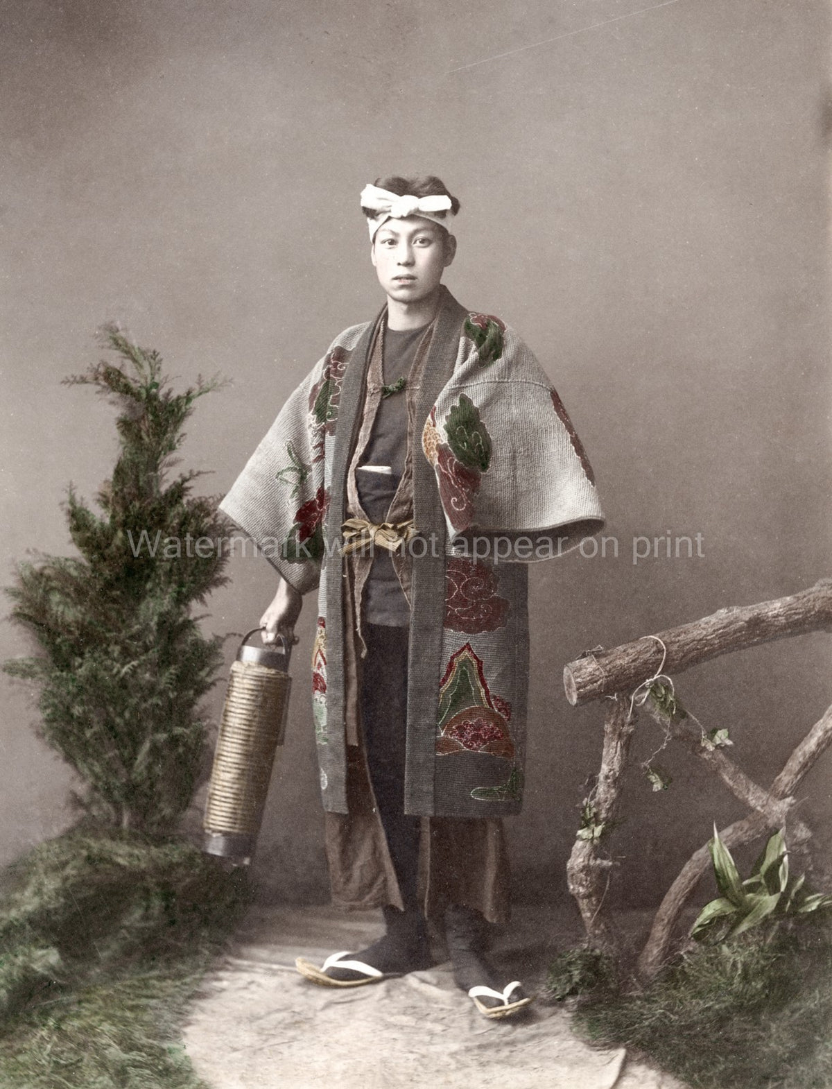 Japanese Fireman Man Traditional Clothing Lantern Portrait Vtg. Photo 19thC.