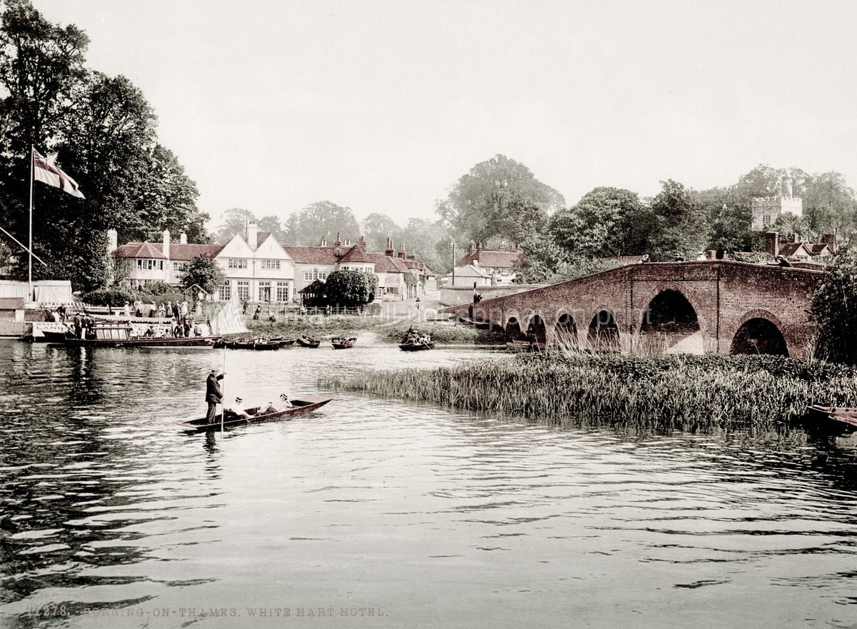 Sonning Thames Berkshire White Hart Hotel River Bridge Punting Vtg. Photo 19thC.