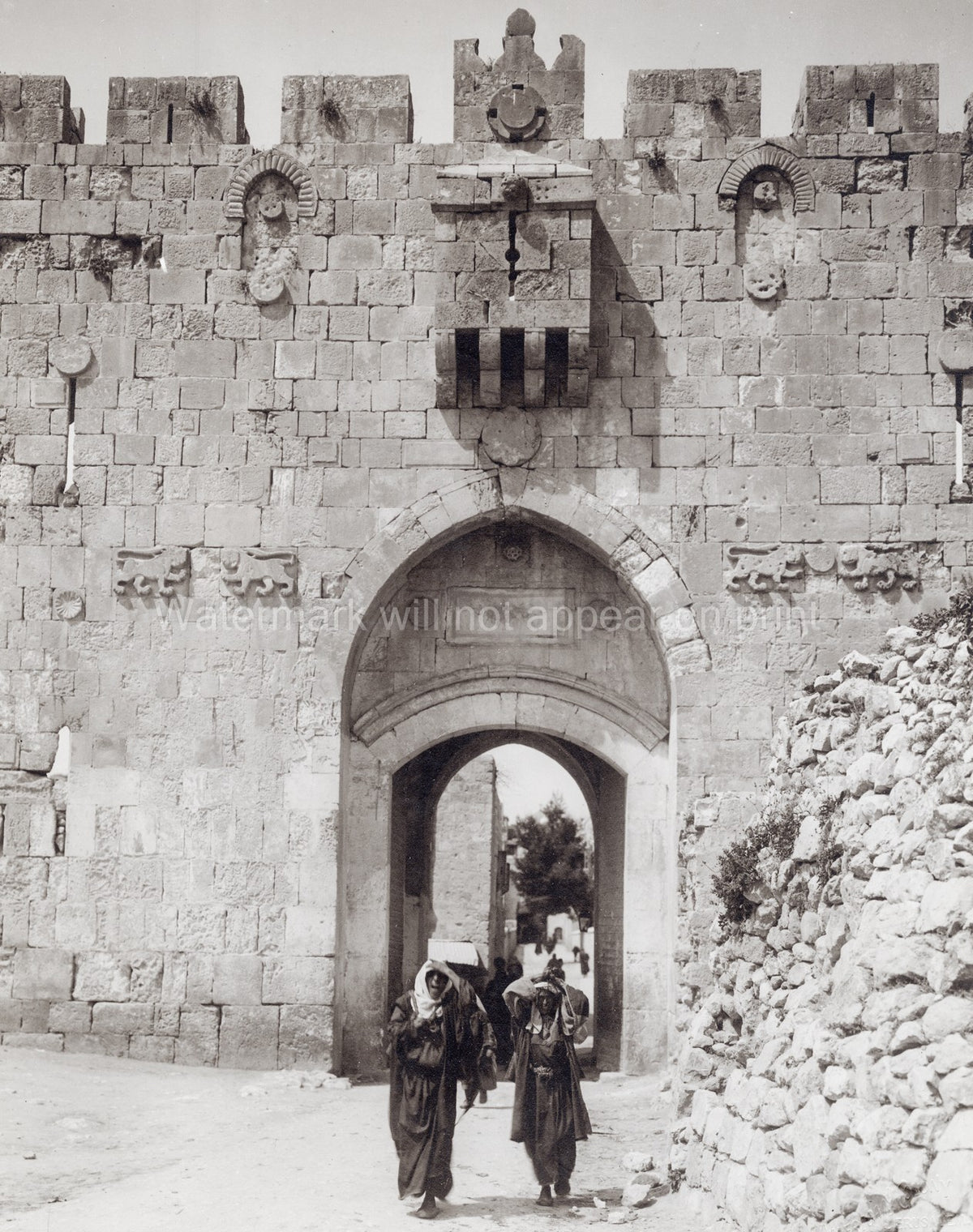 St Stephen's Gate Jerusalem City Wall Fortification People Vtg. Photo 19thC.