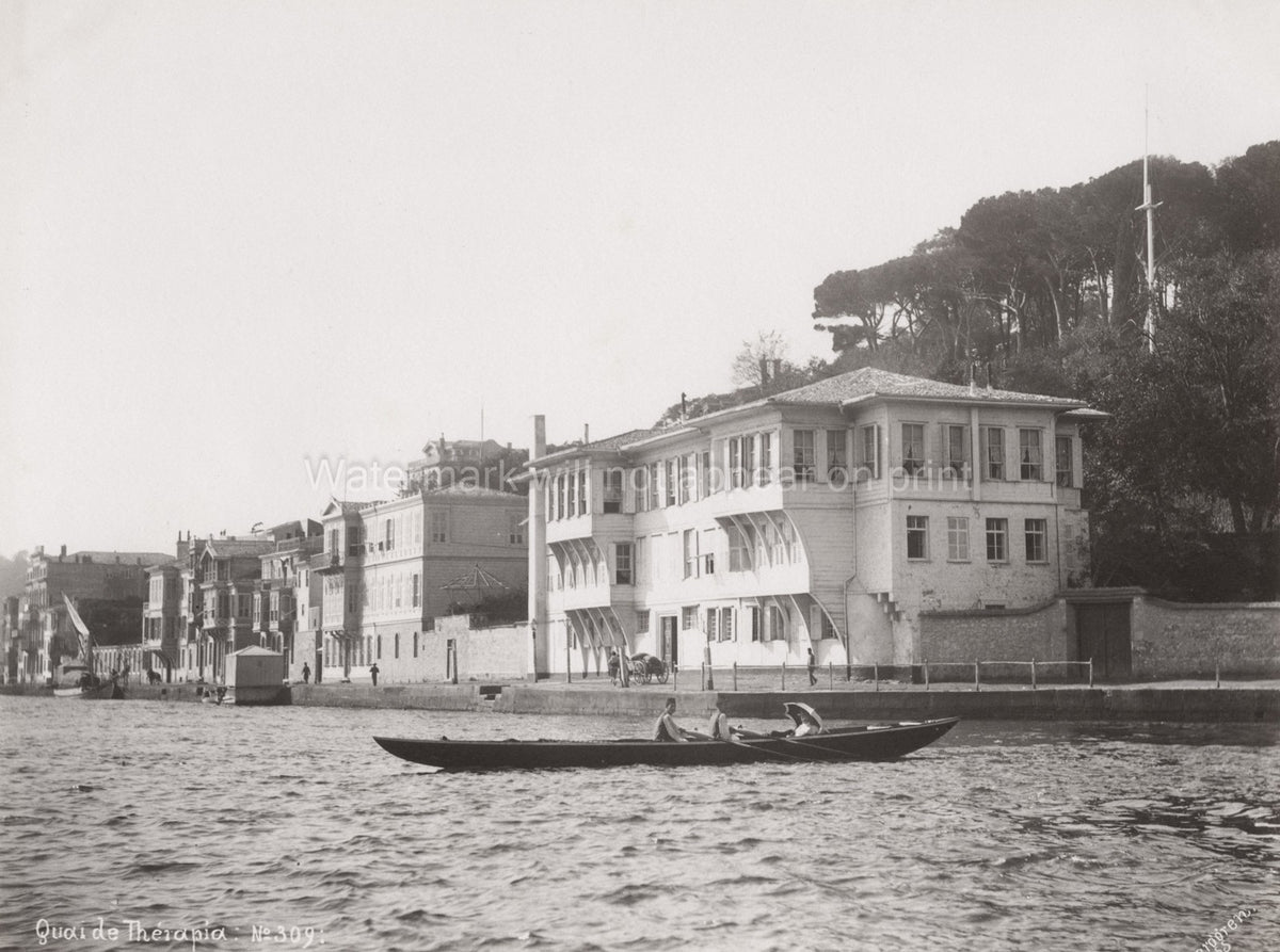 Tarabya Turkey Bosphorus Waterfront Mansions Quay Boat View Vtg. Photo 19thC.