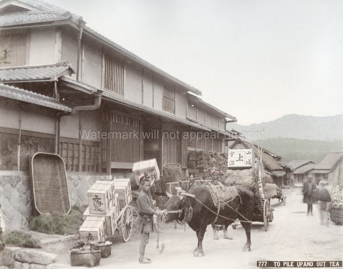 Transporting Uji Tea Boxes Ox Cart Japan Street Scene Vtg. Photo 19thC.
