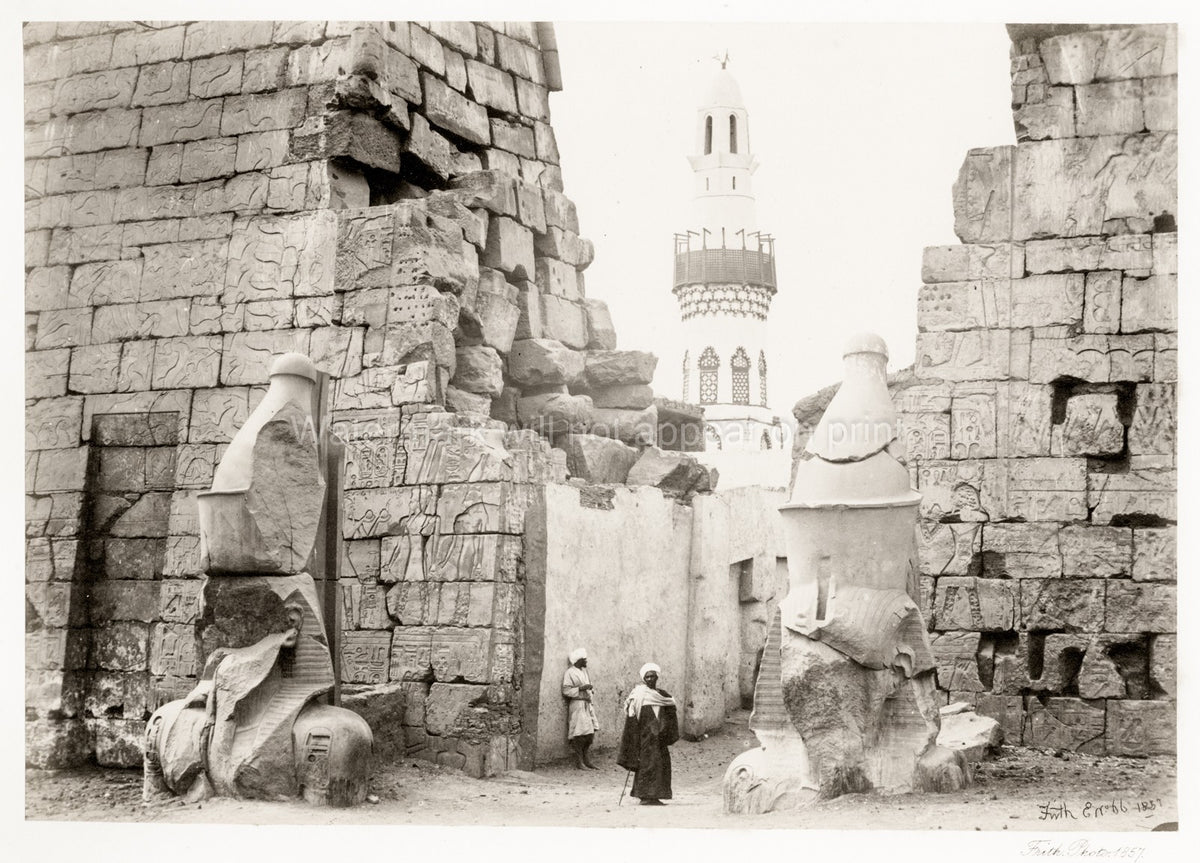 Luxor Great Temple Entrance Egypt Ruins Statues Hieroglyphics Vtg. Photo 19thC.