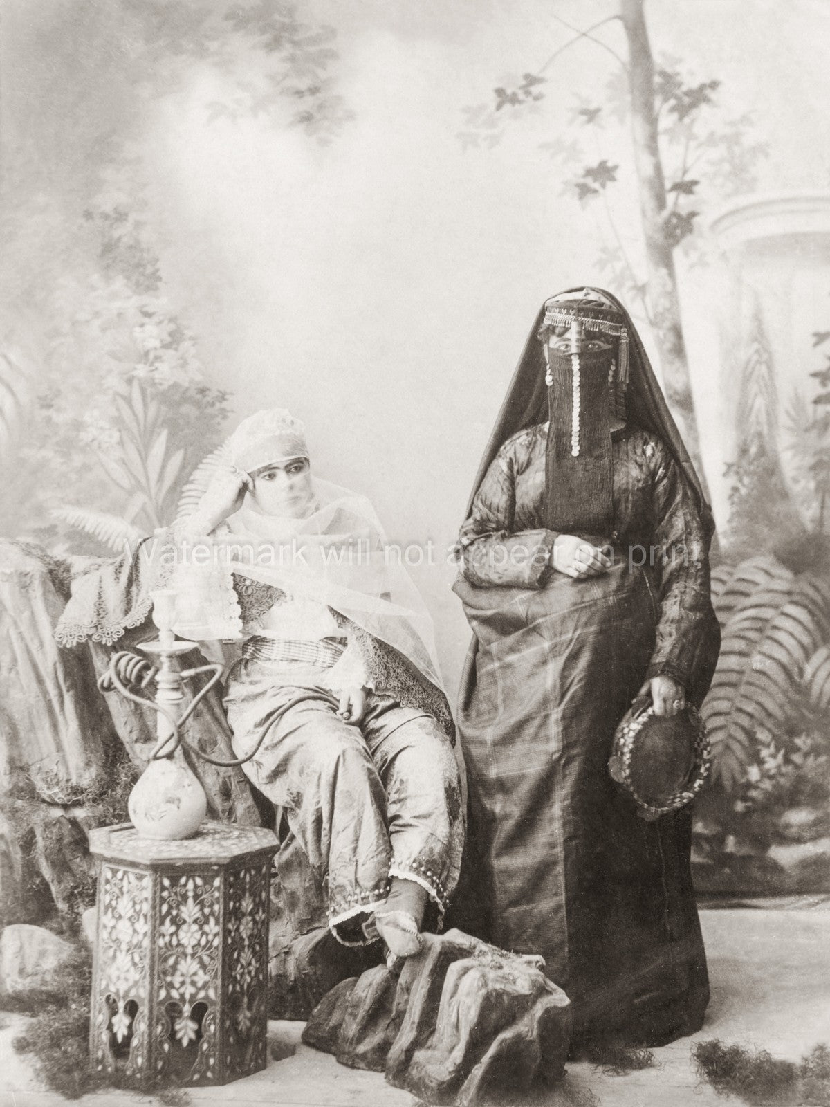 Egypt 2 Veiled Women Hookah Traditional Dress Studio Vtg. Photo 19thC.