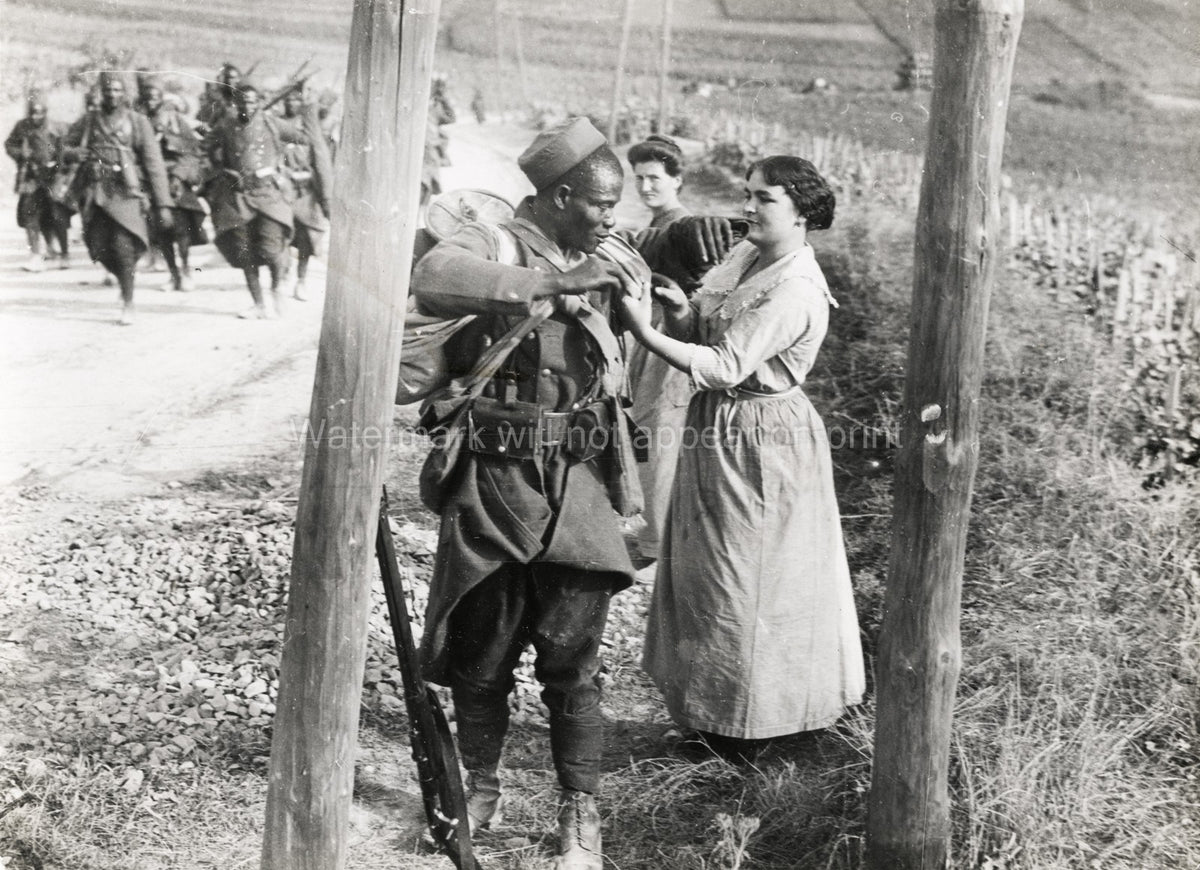 WW1 French Woman Helps Black African Soldier Kit Vtg. Photo Early