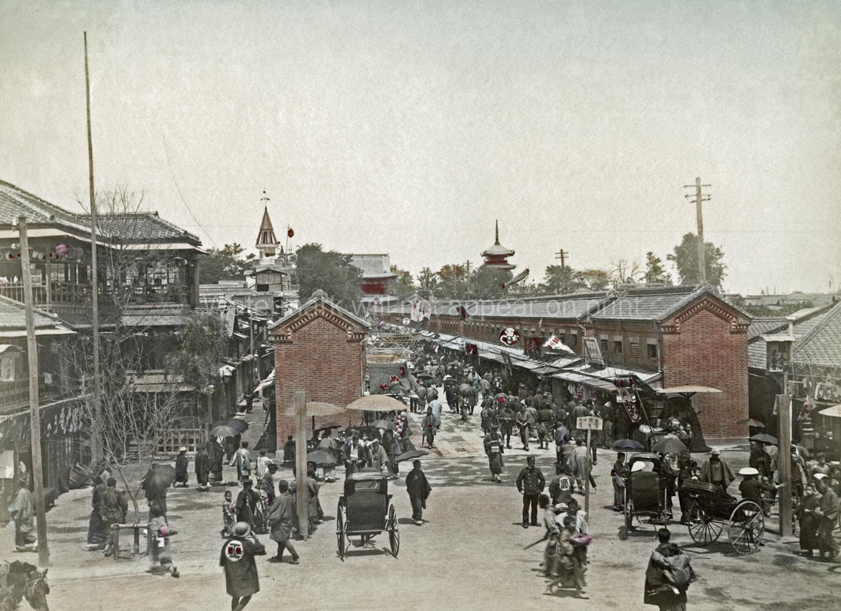 Asakusa Tokyo Japan Street Scene Market Pagoda Rickshaws Vtg. Photo 19thC.