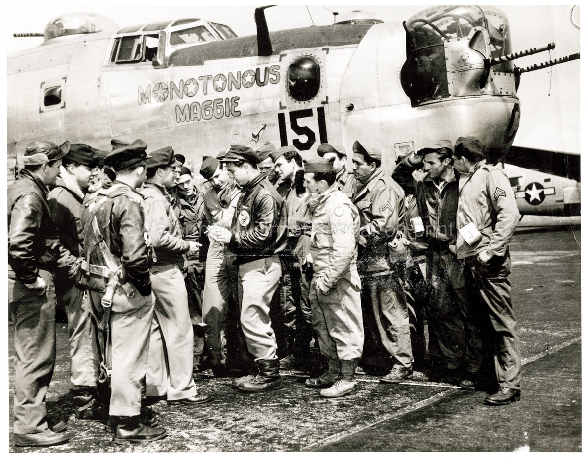Airforce B-24 Liberator Crew Monotonous Maggie Nose Art Vtg. Photo WW2