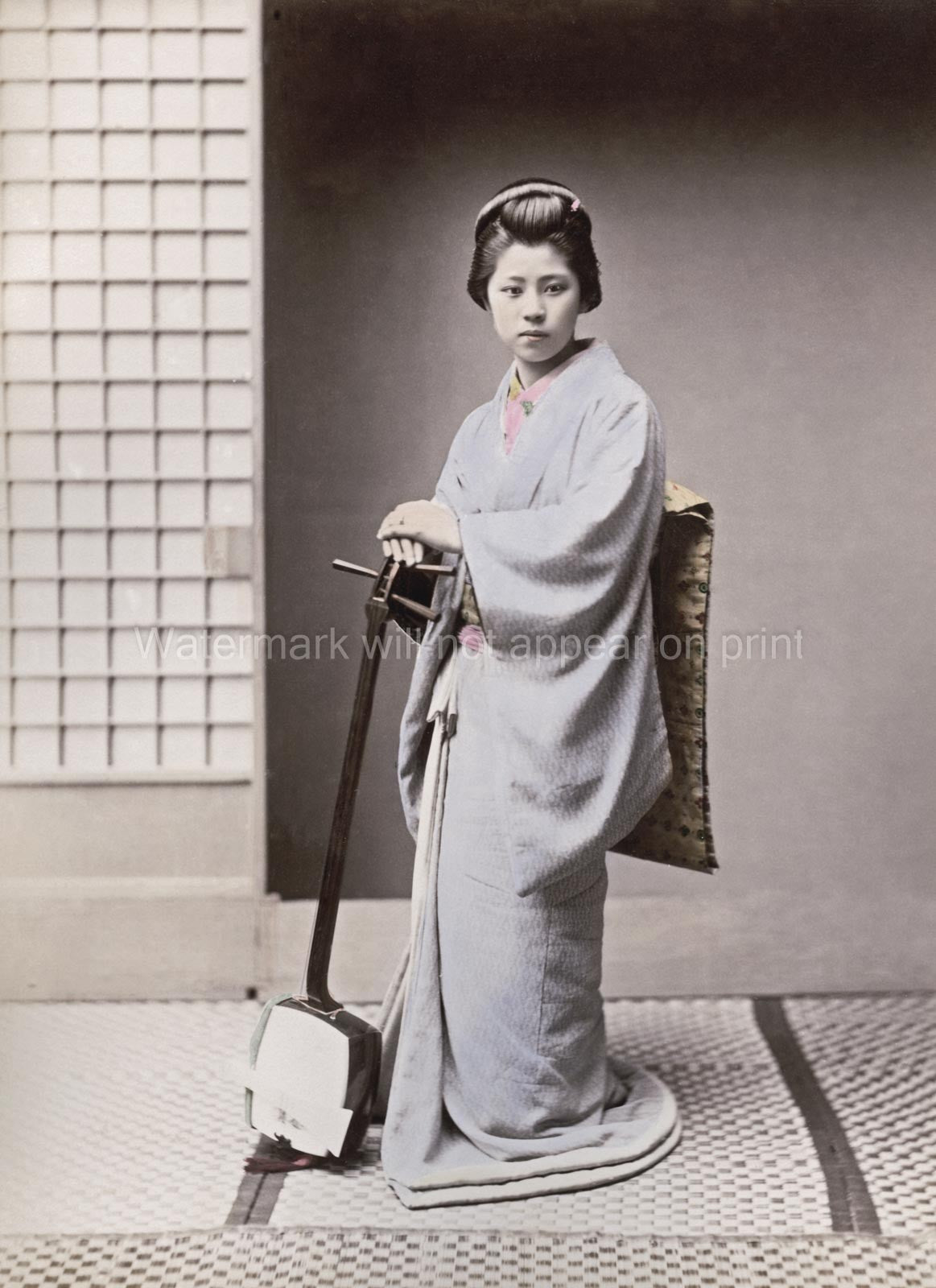 Japanese Geisha Musician with Samisen Shamisen Kimono Portrait Vtg. Photo 19thC.