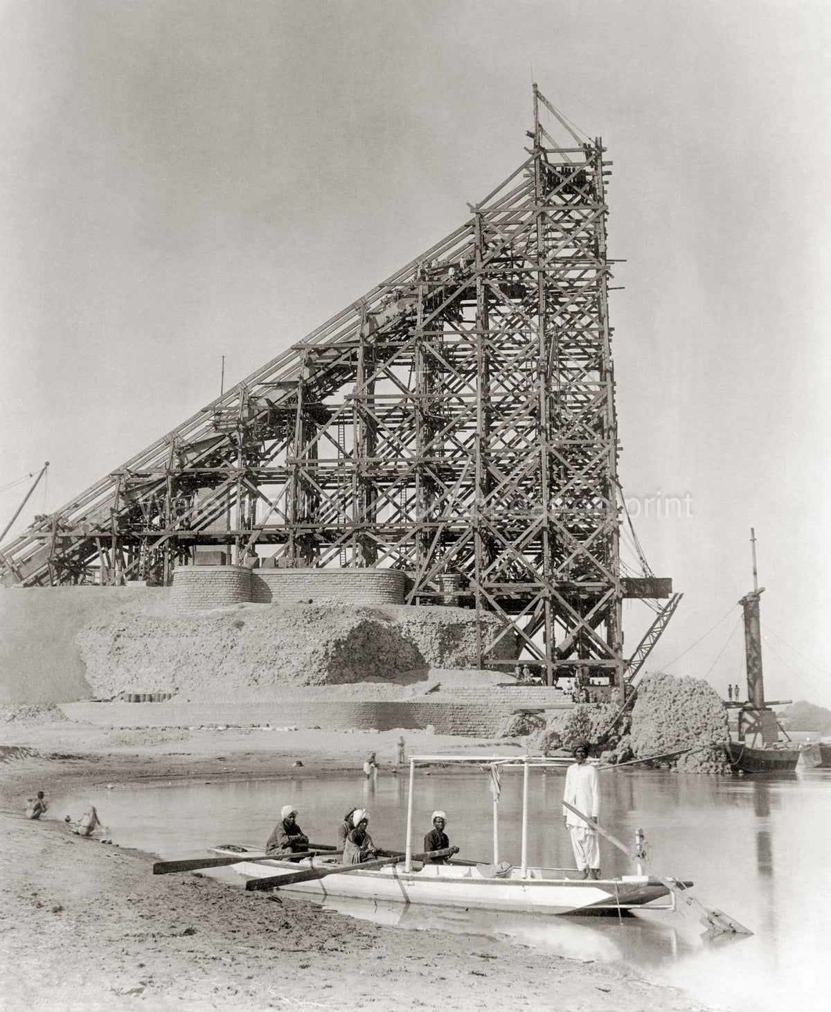 India Railway Bridge Construction Scaffolding Workers River Vtg. Photo 19thC.