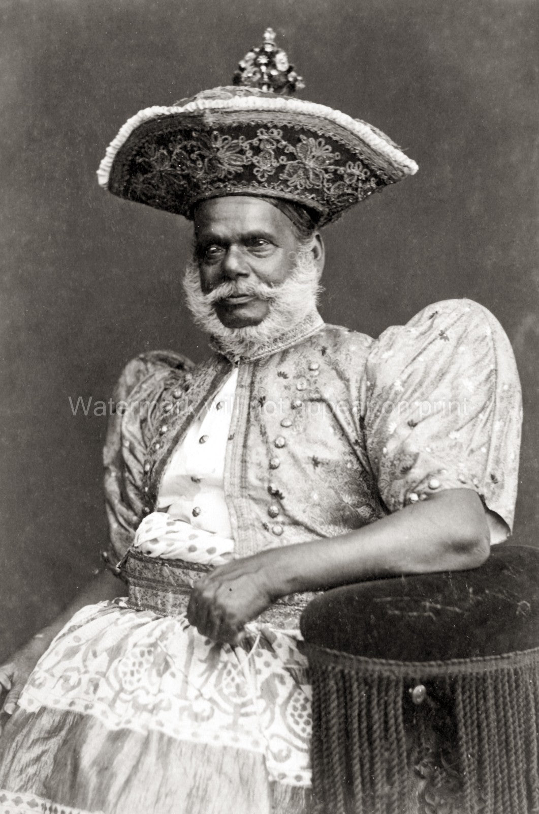 Sri Lanka Kandy Chief Portrait Traditional Costume Ornate Hat Vtg. Photo 19thC.