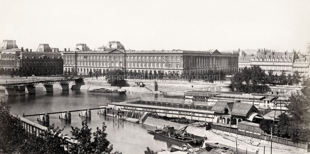 Paris France Louvre Palace River Seine Bridge Boats Cityscape Vtg. Photo 19thC.