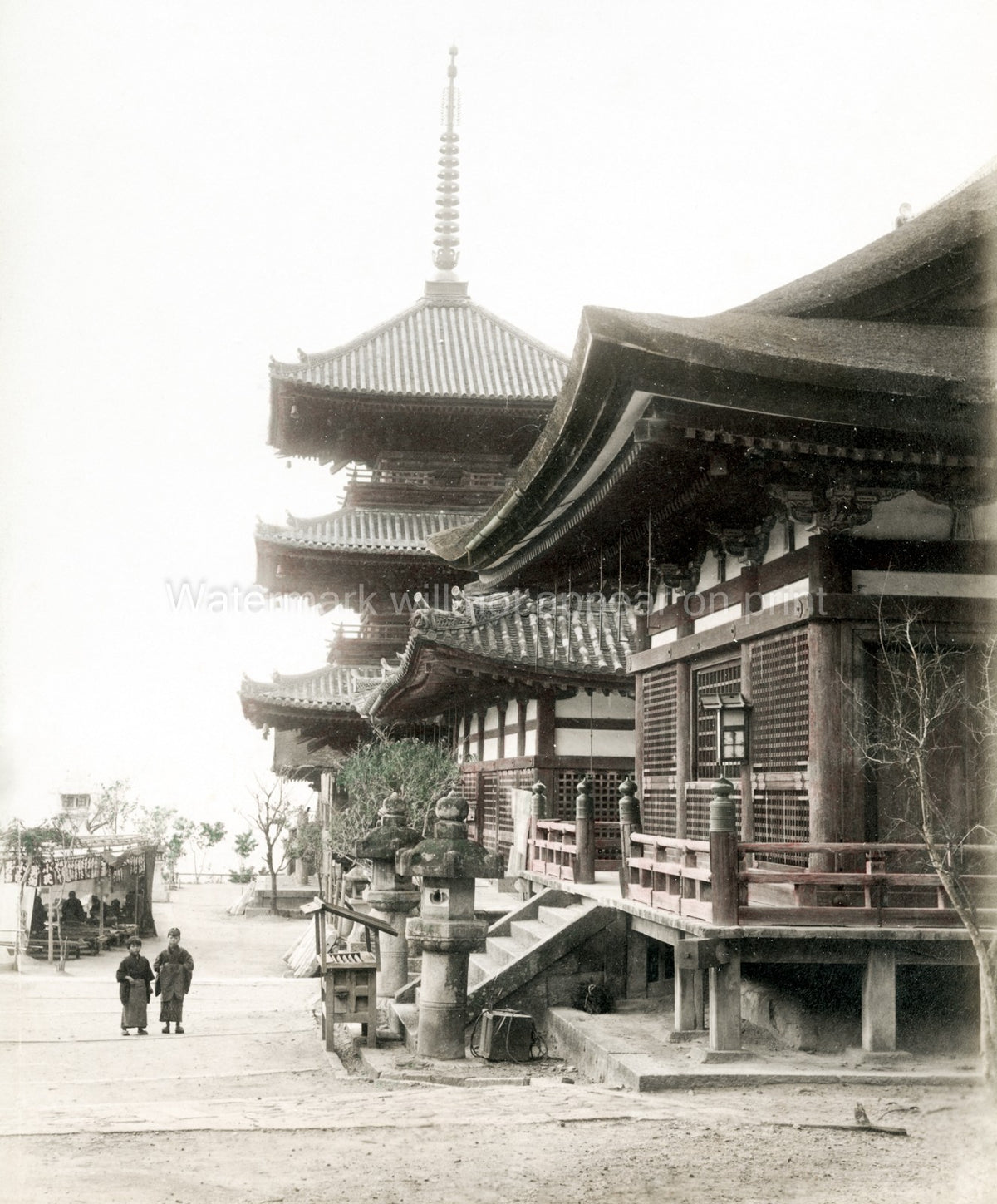 Japan Buddhist Temple Pagoda Architecture People Lanterns Vtg. Photo 19thC.