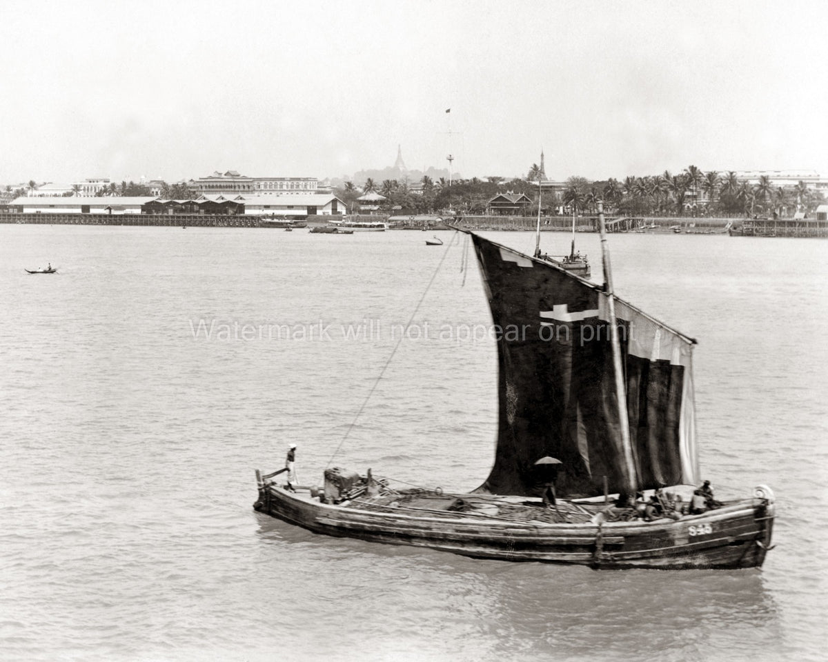 Rangoon Burma Fishing Boat Riverfront Pagoda Waterfront Vtg. Photo 19thC.