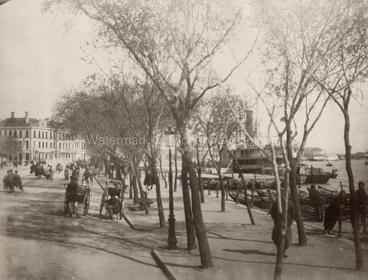 Shanghai Bund China Boats Rickshaws Waterfront Street Scene Vtg. Photo 19thC.