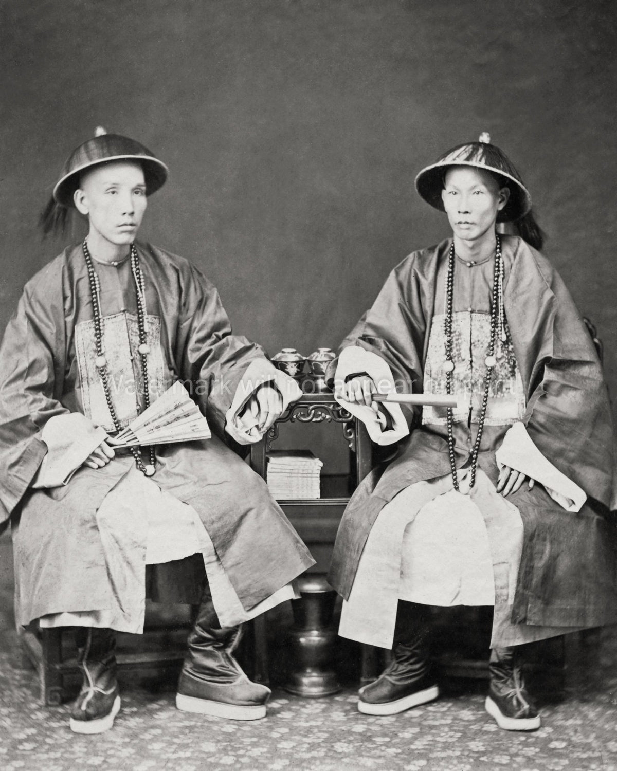 2 Chinese Officials Manchu Robes Queue Hairstyle Formal Vtg. Photo 19thC.