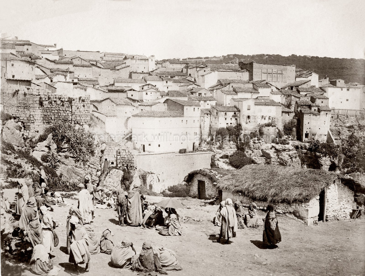 North Africa Morocco Town Market Scene Villagers Hillside Vtg. Photo 19thC.