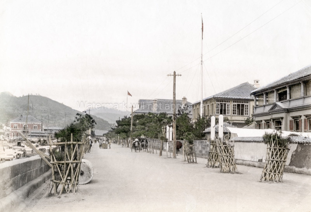 Nagasaki Japan Bund Waterfront Street Scene Rickshaws Vtg. Photo 19thC.