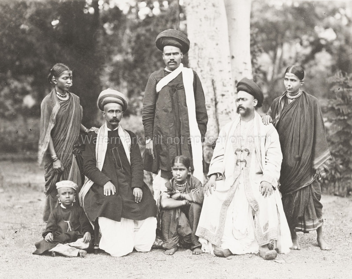 India Brahmin Caste Family Group Portrait Traditional Dress Vtg. Photo 19thC.