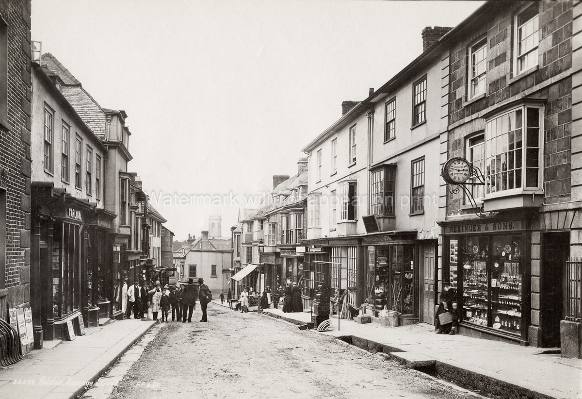 Helston Cornwall Meneage Street Shops Town Scene People Clock Vtg. Photo 19thC.
