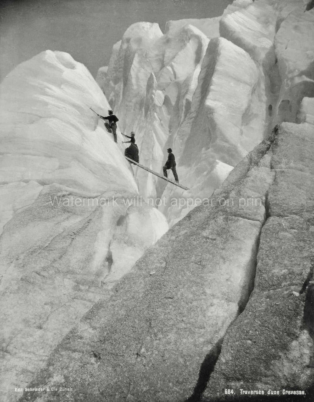 Alps Climbers Traversing Crevasse Mountaineering Glacier Vtg. Photo 19thC.