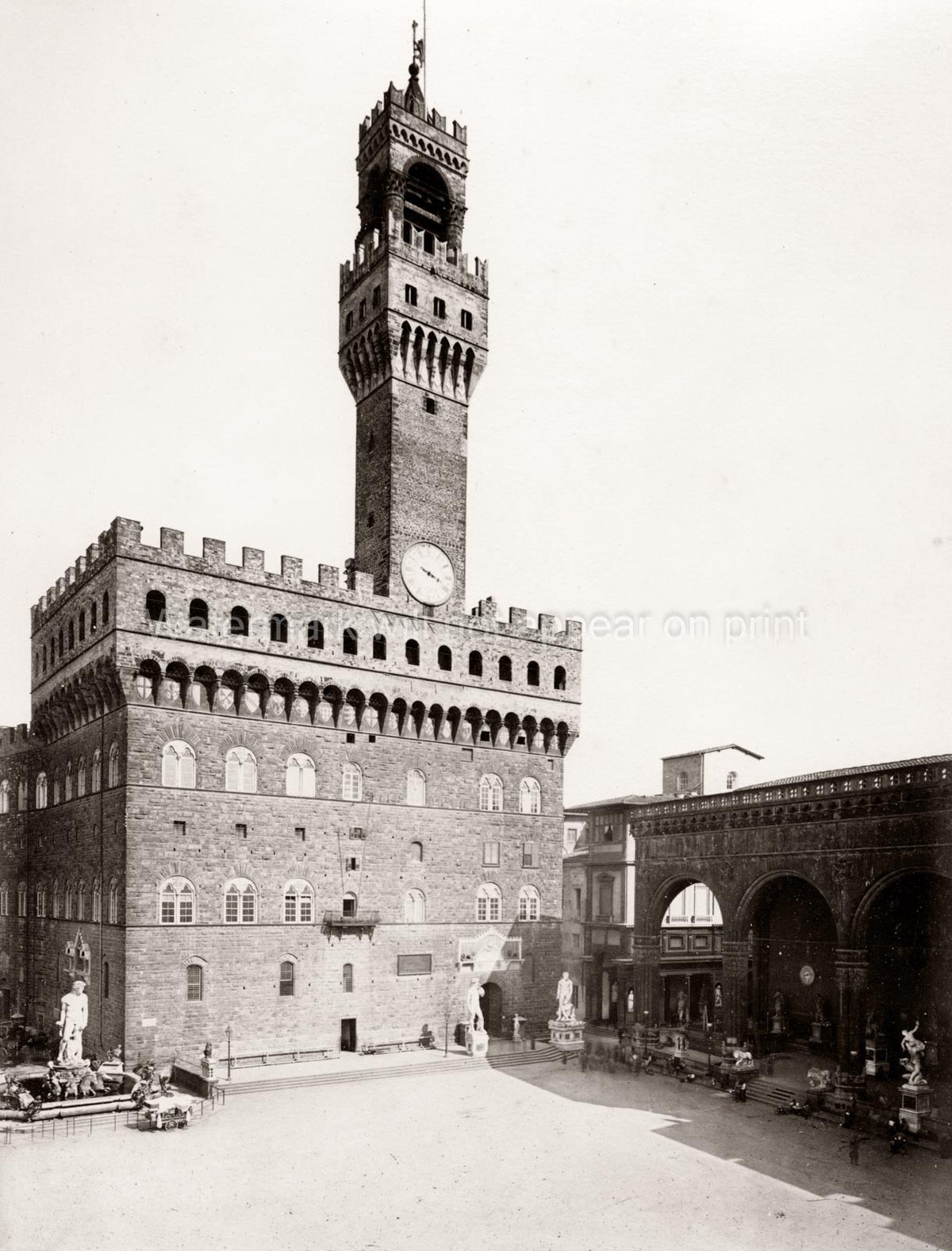 Florence Palazzo Vecchio Tower Piazza Statues Architecture Vtg. Photo 19thC.