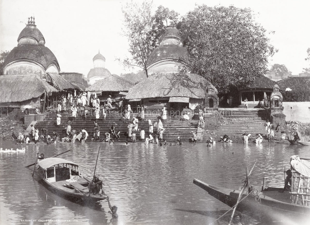 Bathing Kali Ghat Calcutta India River Temples Boats Crowd Vtg. Photo 19thC.