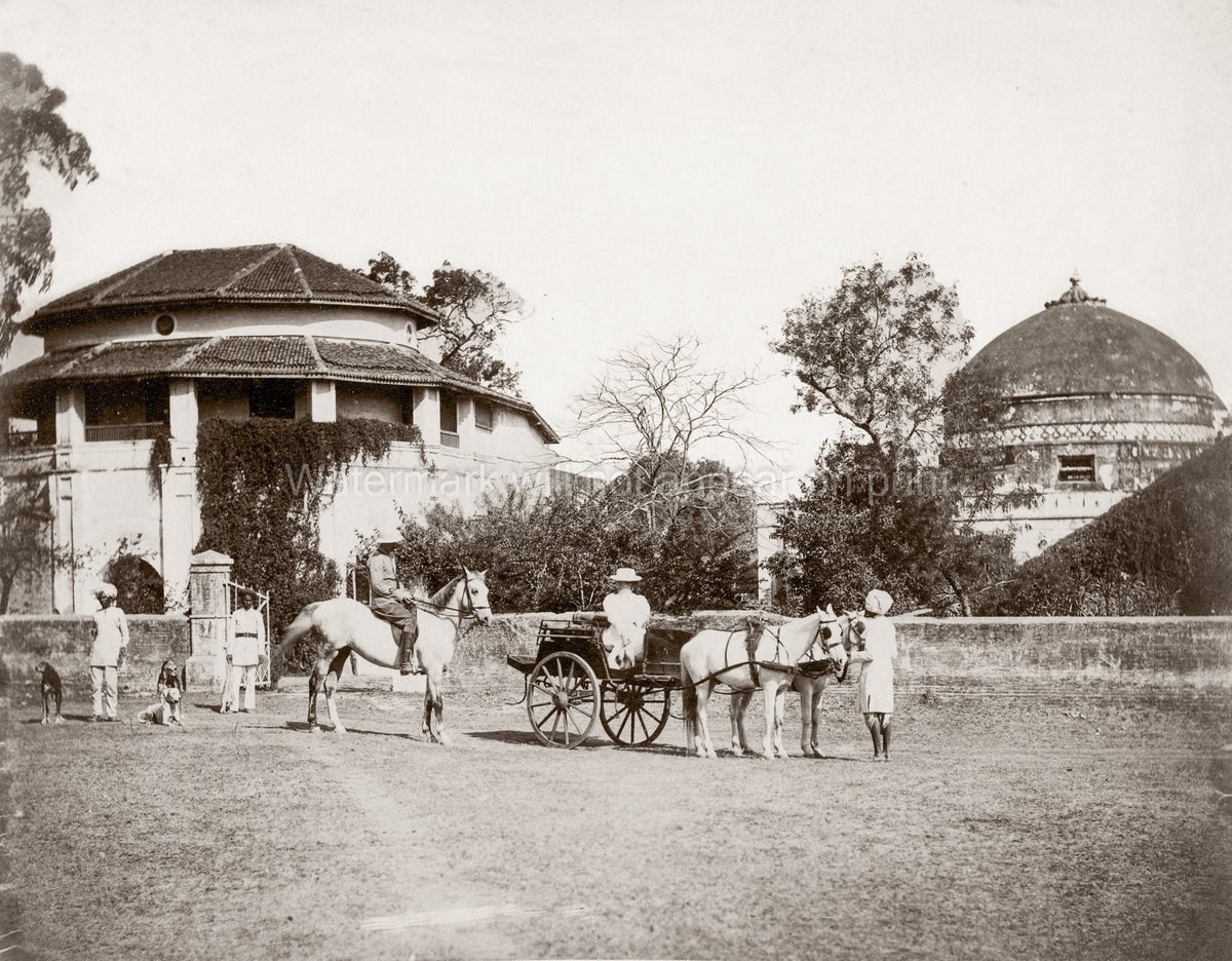 India European Couple Pony Trap Horse Servants Colonial Estate Vtg. Photo 19thC.