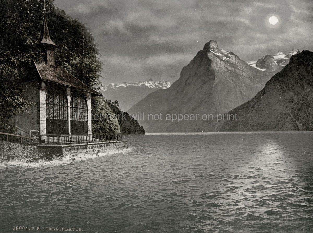 Switzerland Tellskapelle Chapel Lake Lucerne Alpine Mountains Vtg. Photo 19thC.