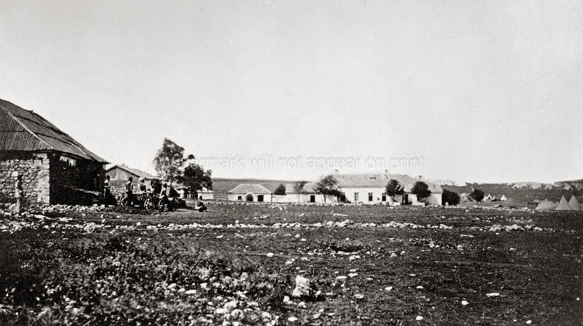 British HQ Crimean War Soldiers Artillery Camp Farmhouse Vtg. Photo 19thC.