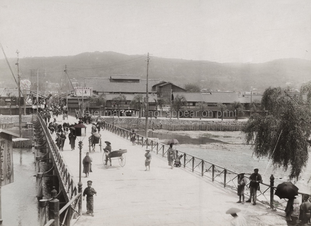 Kyoto Japan Shijo Bashi Iron Bridge Street Scene Rickshaw Vtg. Photo 19thC.
