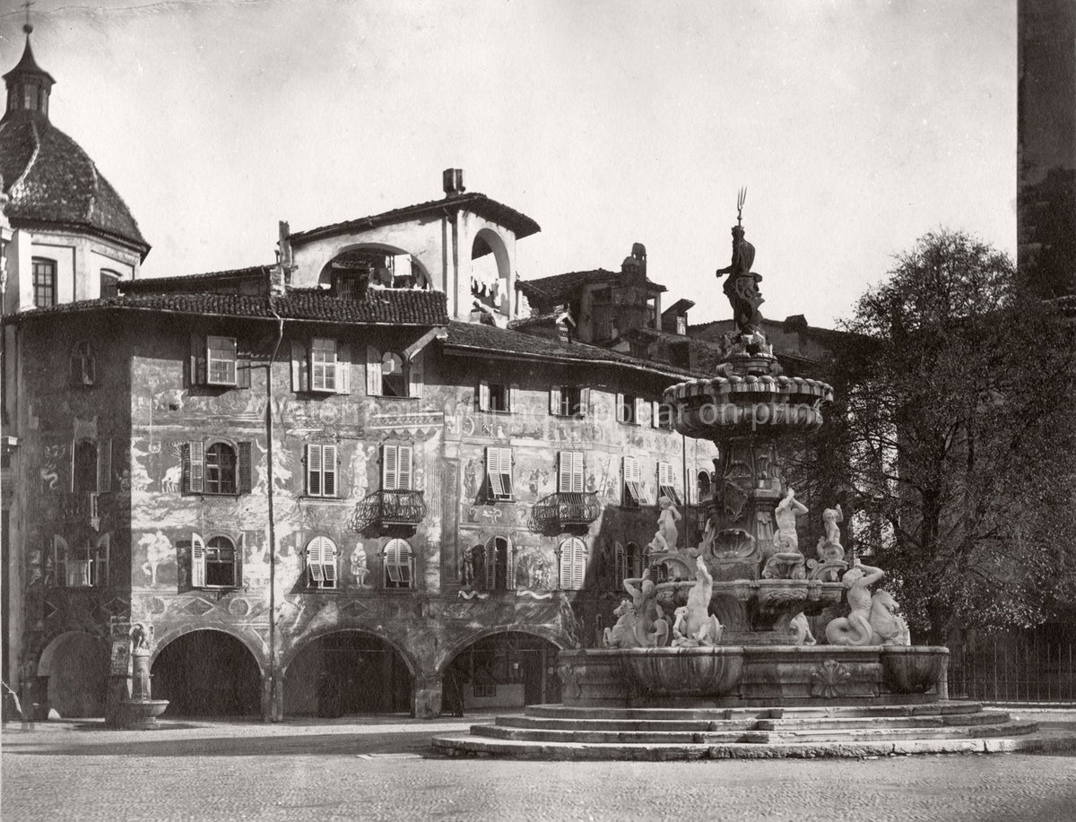 Trento Italy Piazza Duomo Neptune Fountain Frescoed Houses Vtg. Photo 19thC.
