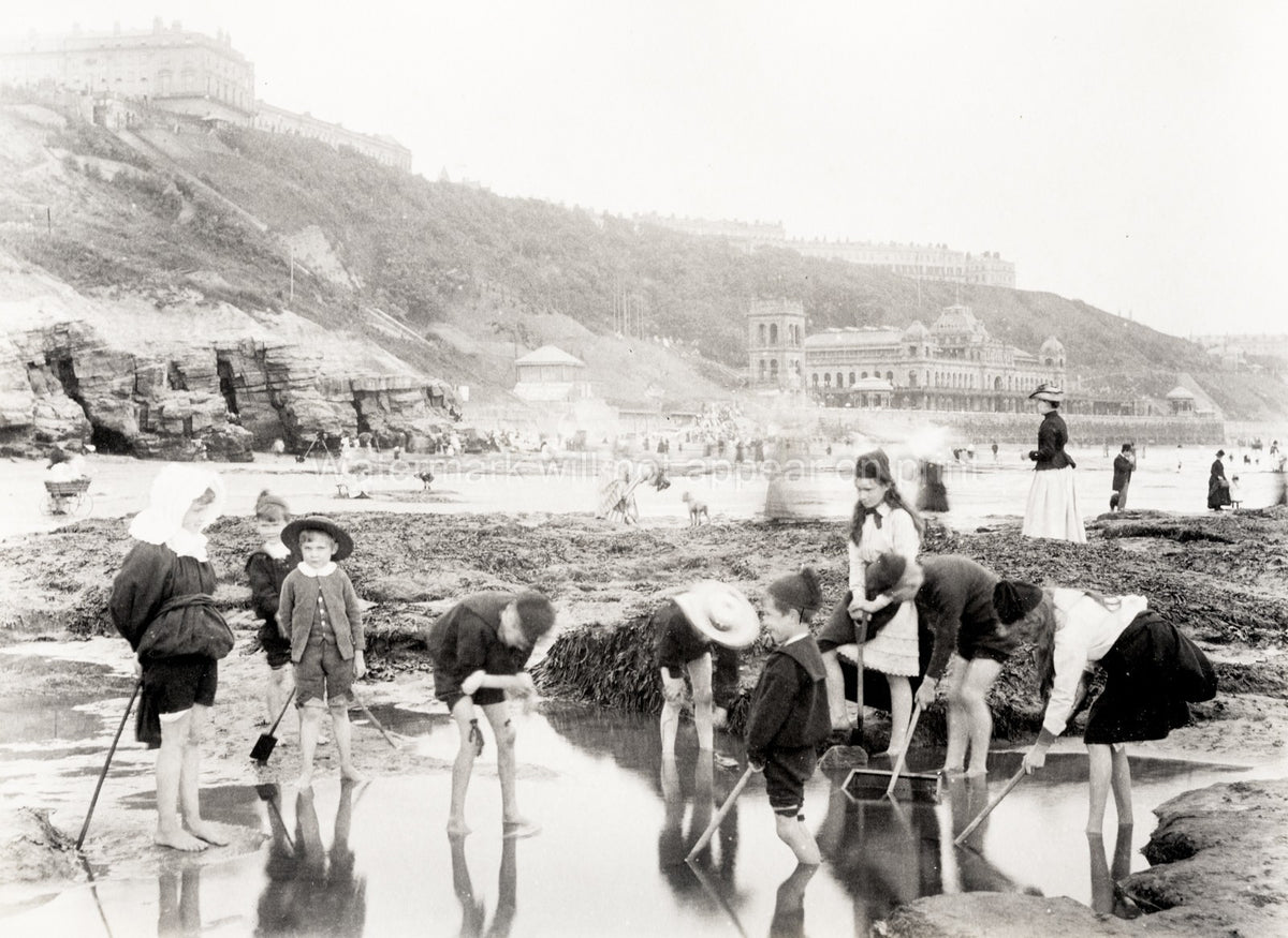 Children Playing Scarborough Beach Yorkshire Seaside Resort Vtg. Photo 19thC.