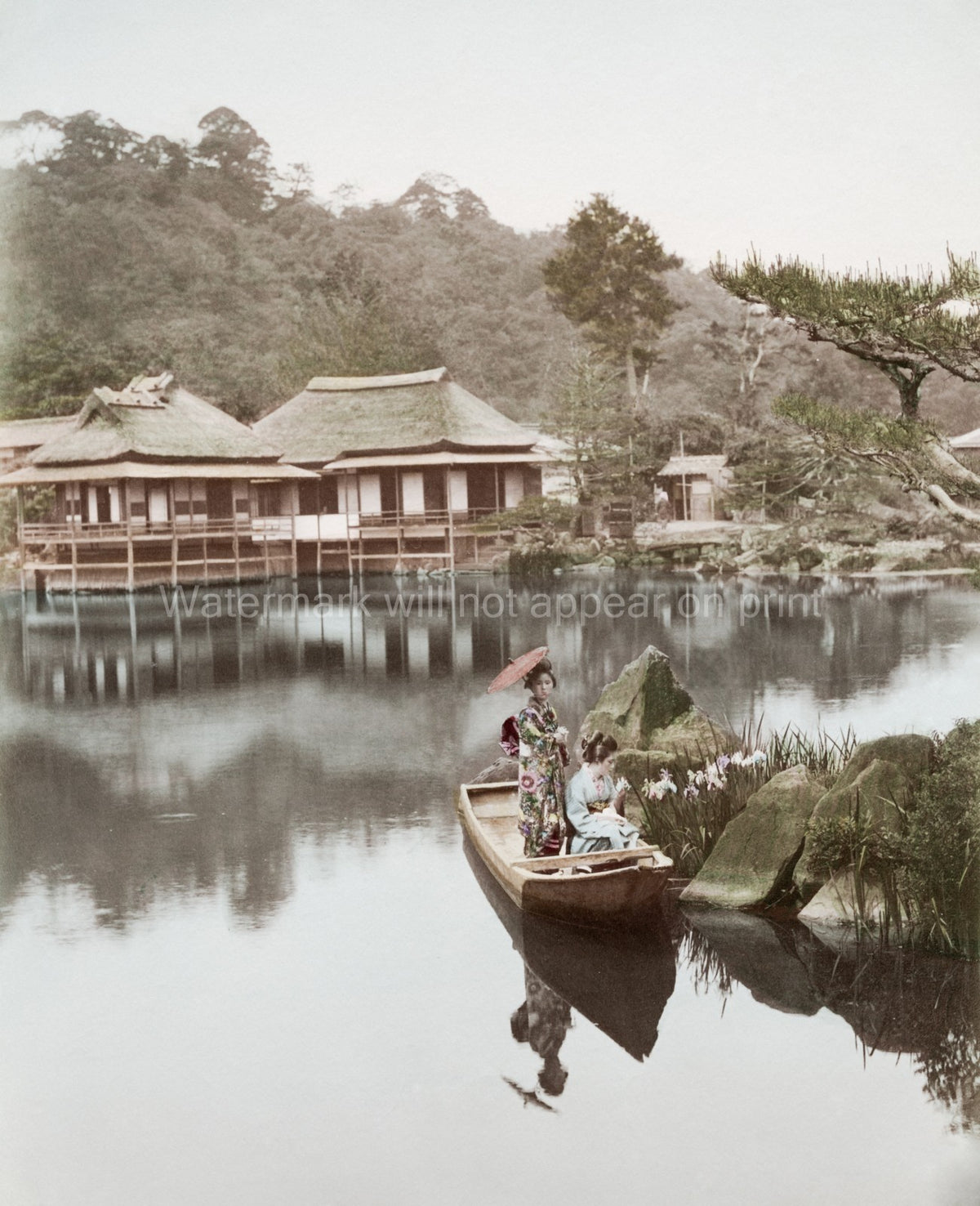 Japan Geishas Boat Lake Traditional Garden Temple Vtg. Photo 19thC.