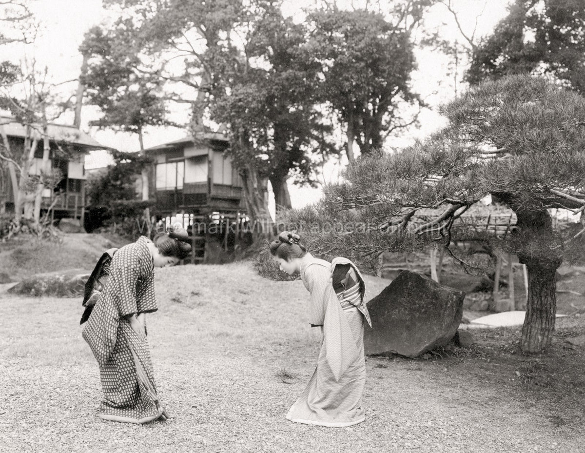 Japanese Women Bowing Greeting Traditional Kimono Garden Vtg. Photo 19thC.