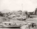 Nagasaki Japan Japanese Junk Harbor Boats Waterfront Village Vtg. Photo 19thC.